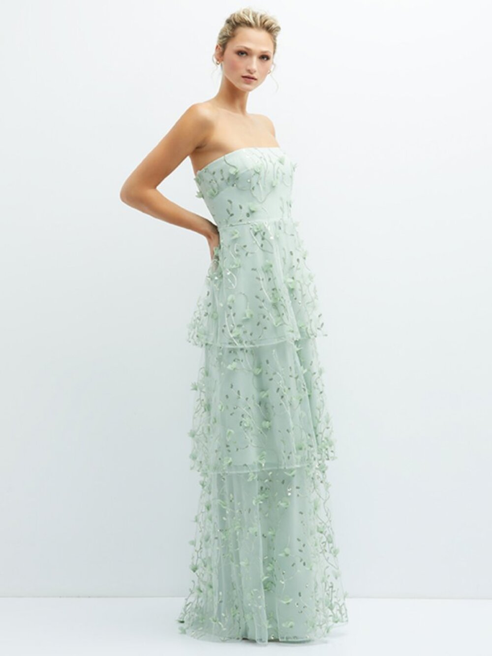 Dessy Green Strapless 3D Embroidered Floral Bridesmaid Formal Tiered Ruffle - Picture 2 of 9